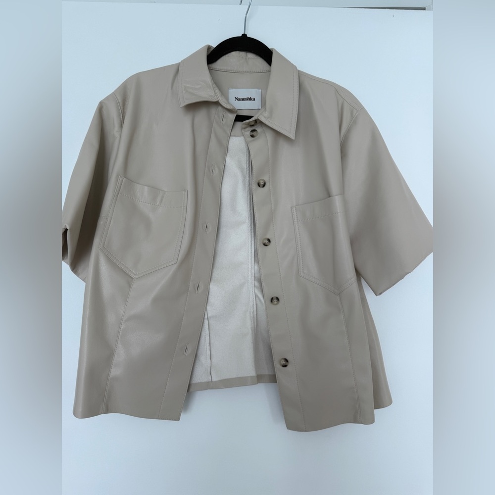 Nanushka Vegan Button Down Short Sleeve Cream Shirt